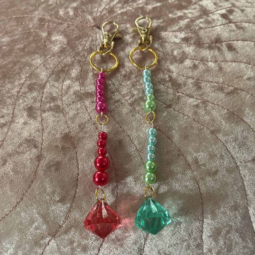 Beaded Crystal Keychain Pair - Pink/Red and Blue/Green (handmade)